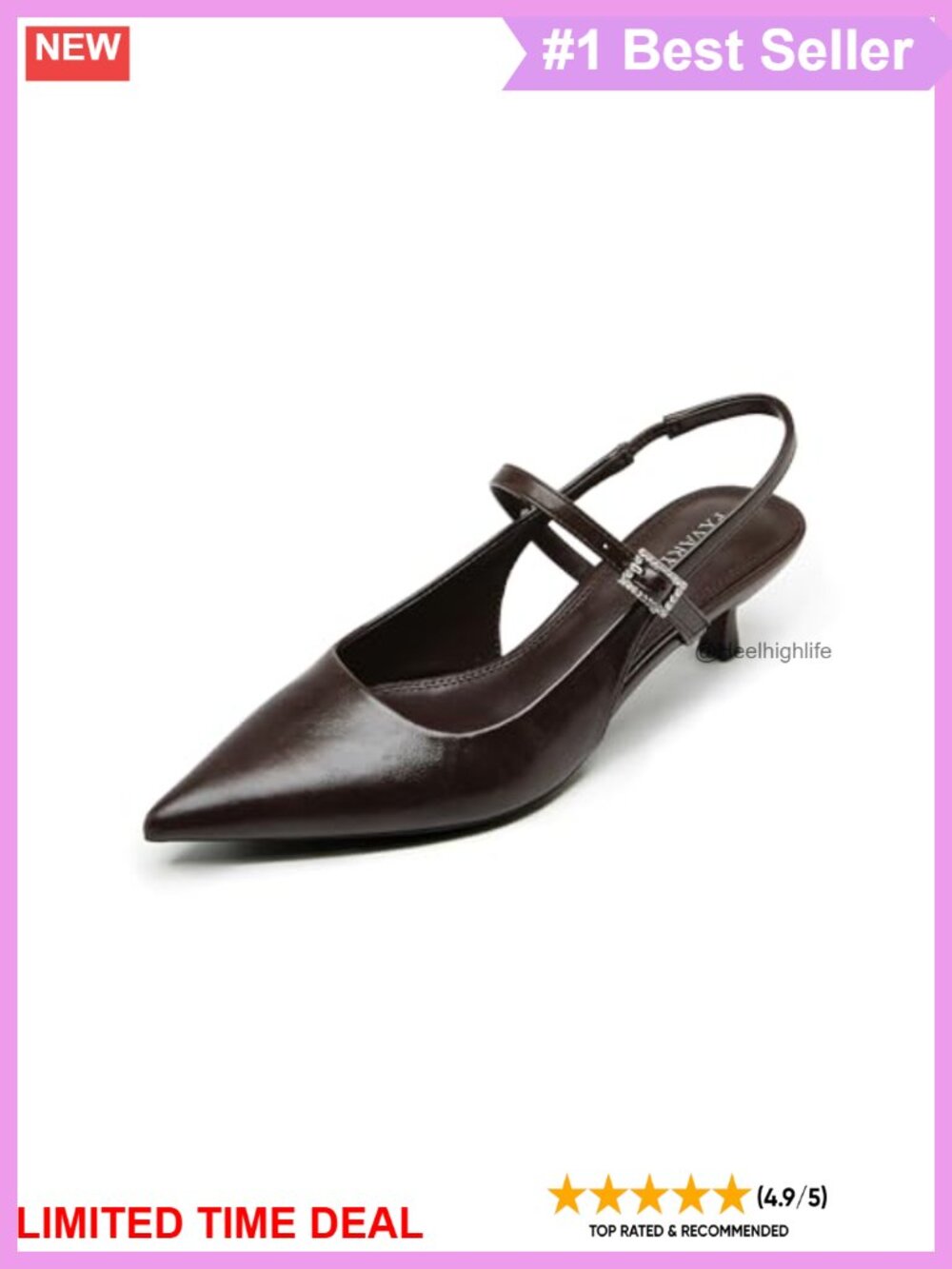 Pointed Toe Slingback Kitten Heel Pumps Faux Leather Rhinestone Buckle